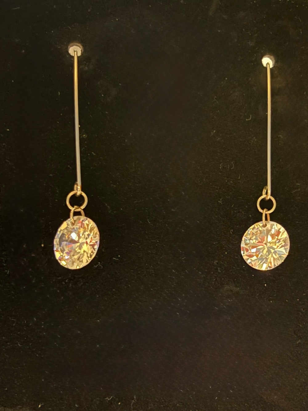 Silver Tone Crystal Stick Drop Earrings Round Rhinestone Dangle